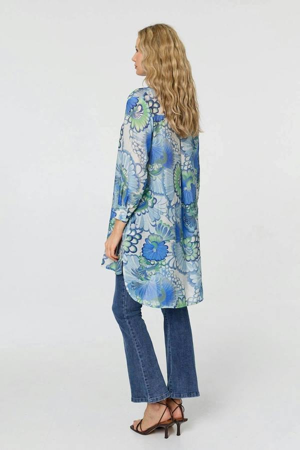 Blue | Floral Semi Sheer Longline Shirt 