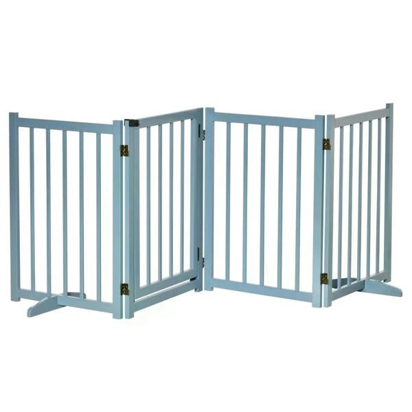 Blue wooden foldable dog safety gate with four panels, open layout