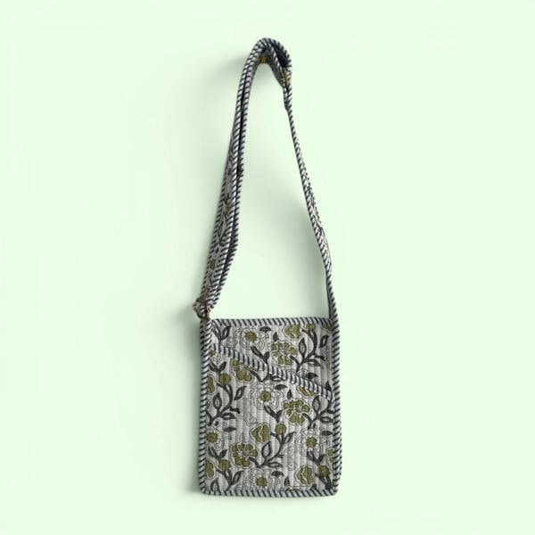 Hayley & Co Mini Cross Body Bag - Grey and White Block Print Floral