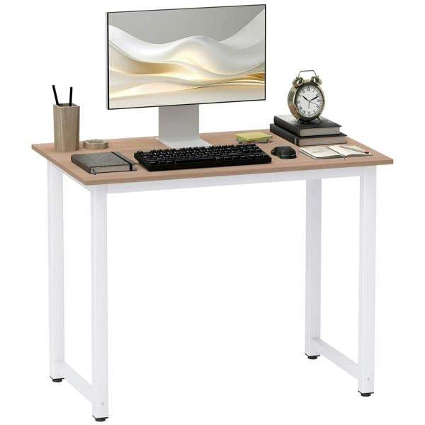 White computer desk with light wood-look tabletop and metal legs, rectangular workstation