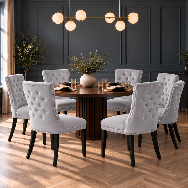 Neo Set of Six Grey Studded Velvet Dining Table Chairs with Ring Knocker Detail