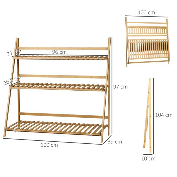 Foldable bamboo plant stand rack with three slatted levels and size dimensions