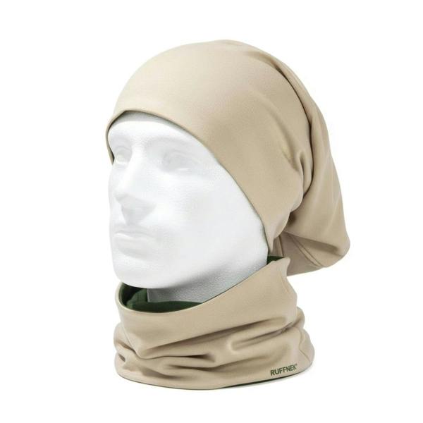 Reversible stretchy Snood, Stone and Country green supersoft RUFFNEK scarf. Two scarves shown one as a neck warmer  / neck gaiter and the other as a headscarf worn on a male mannequin head.