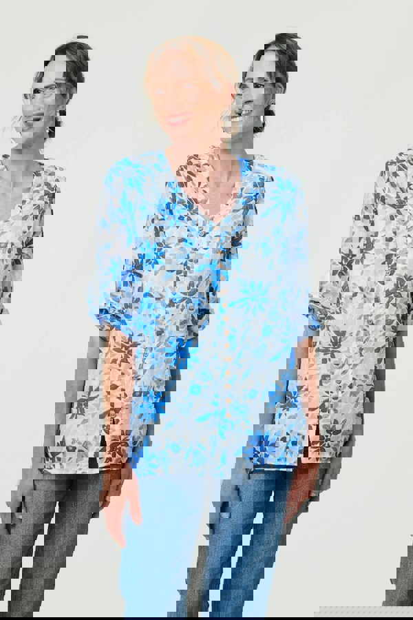 Blue | Floral Button Front Curve Hem Tunic
