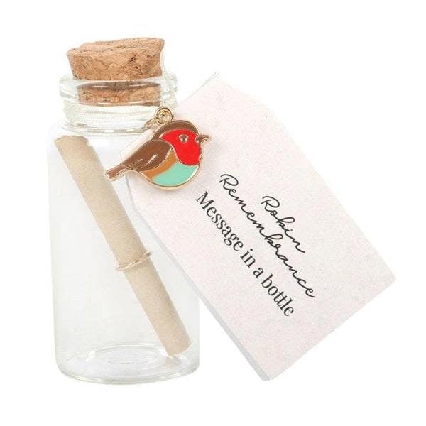 Glass message bottle with cork, robin charm, and reminder message tag
