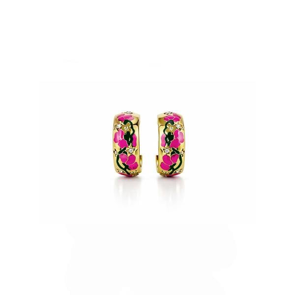 Gold hoop earrings with pink floral design on a white background
