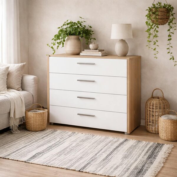 Wyld Haus Daejeon White and Natural Oak Effect Wood Chest of 4 Drawers