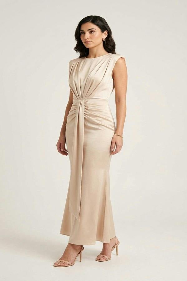 Nadia Sleeveless Gathered Maxi Dress With Drape - Champagne