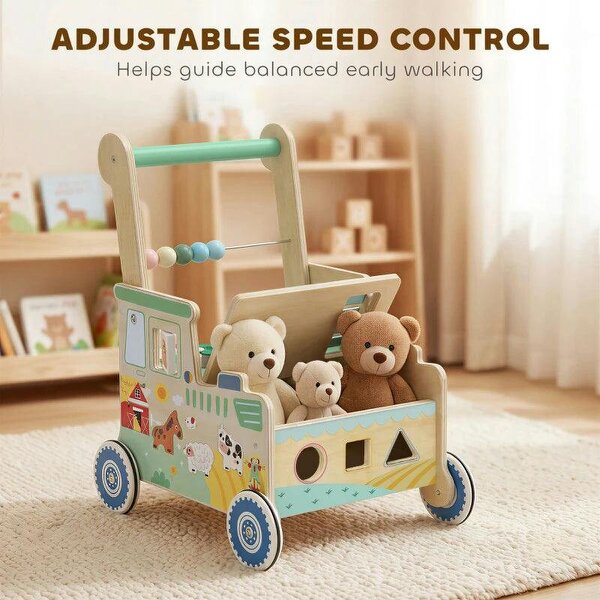 Wooden Baby Walker for 1-3 Year, Montessori Inspired Push Along Walker Toys, Multifunctional Activity Centre