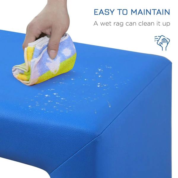 Blue padded sofa chair with easy-wipe surface and rounded backrest