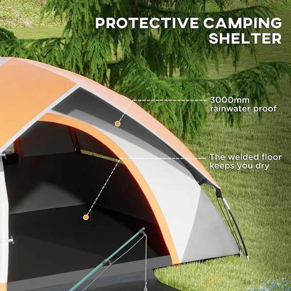 Orange-and-grey dome tent roof with welded floor edge and support poles