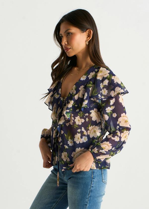 Gini London Navy Floral Ruffle Front Blouse