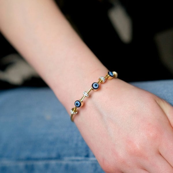 The Colourful Aura Blue Evil Eye Brass Gold Zircon Magnetic Bangle Bracelet