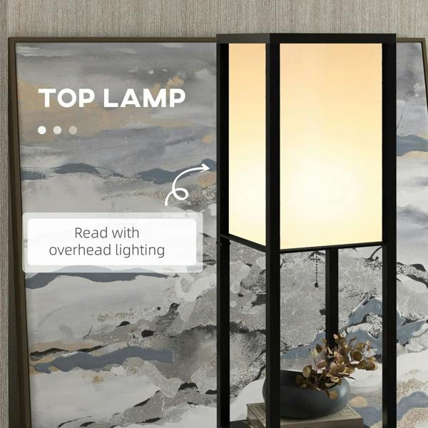 Black floor lamp with two lit panel sections and open shelf area
