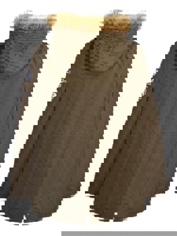 Lambretta Mens/Womens Carnaby Scooter Hooded Classic Mod Ska Badge Parka, brown coat with fur-lined hood and badge patches.