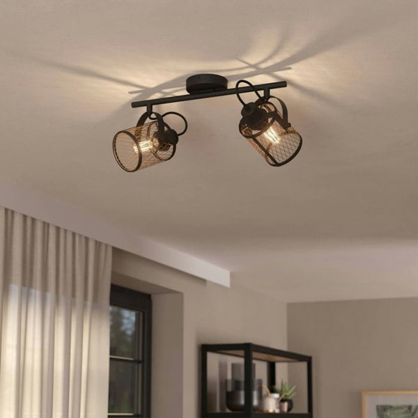 EGLO Dellow 2 Light Black Steel Lattice Style Adjustable Wall Or Ceiling Spotlight