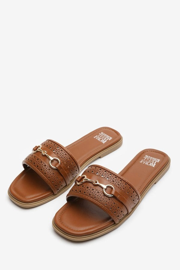 Where's That From Mackenzie Tan Sliders With Geometric Strap And Metal Detail