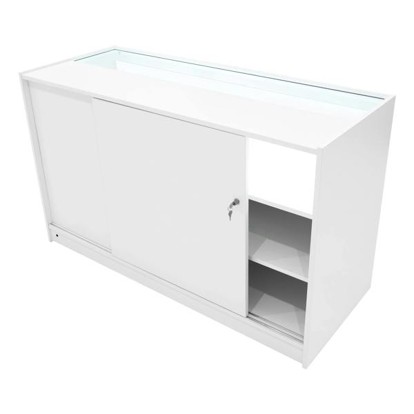 Demeter LED Shop Counter Set in white, featuring a sleek design, sliding door, glass top, and open shelving for display storage