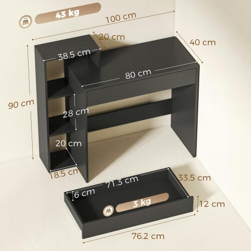 HOMCOM Computer Desk with 3 Open Shelves and Drawer, Black