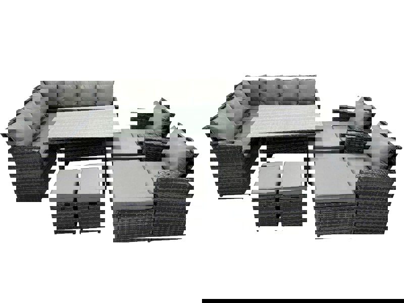 Fimous 12 Seat Poly Rattan Outdoor Patio Dining Table Corner Sofa Set with 4 Stool 2 Chairs for Garden Backyard Dark Grey Mixed