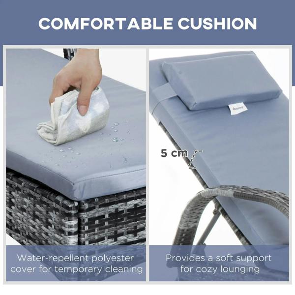 Light-blue outdoor cushion with soft padding on grey rattan sun lounger