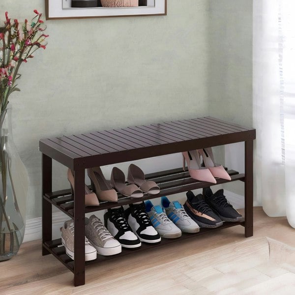 BMBO Wooden 3 Tier Shoe Storage Bench For Hallway Dark Brown