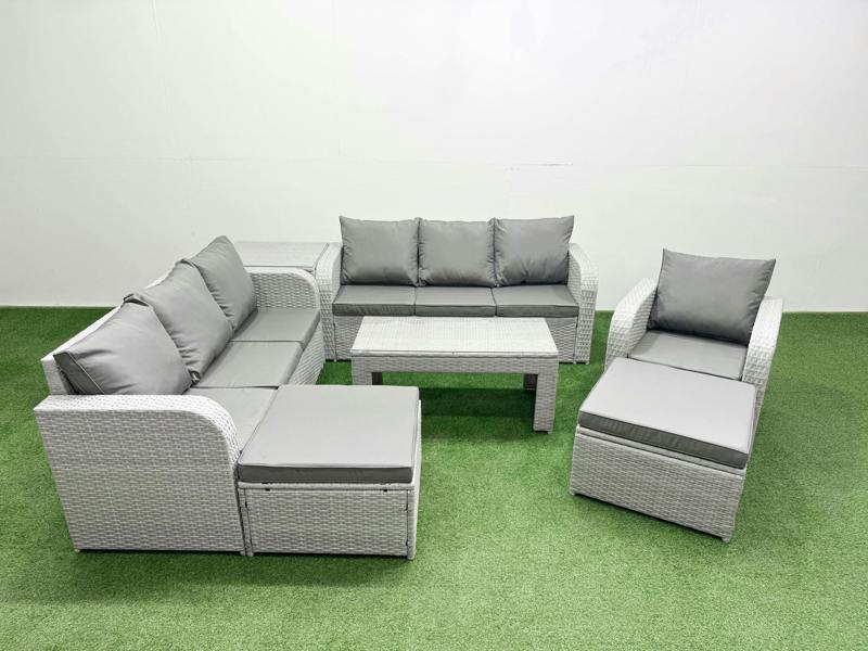 Fimous 9 Seater Patio Sofa Set, Poly Rattan Garden Furniture, Coffee Table, 2x 3 Seater Sofa, Reclining Chair, 2 Big Footstools and Side Table