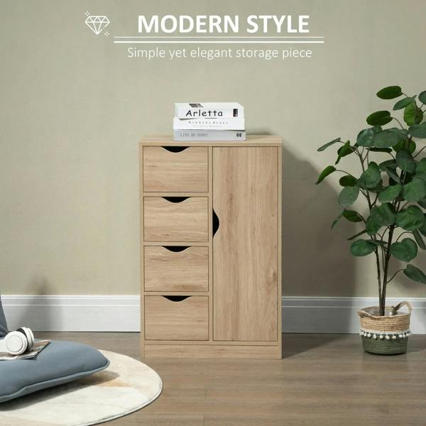 Light wood cabinet with three drawer fronts and a right cupboard door