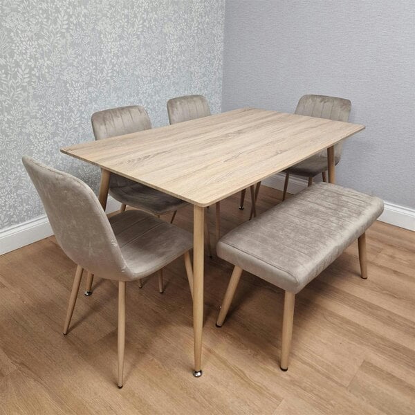 KOSY KOALA 6 Seater Modern Dining Table 140cm with Wood Effect Metal Leg and 4 Beige Chairs and Bench for Kitchen & Dining Room Furniture Set