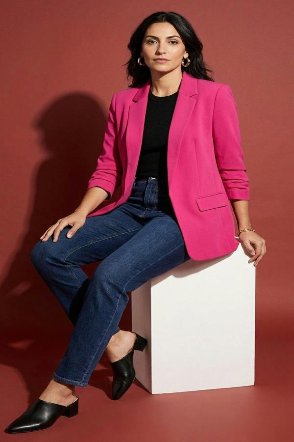 Valerie Ruched Sleeve Open Front Blazer Jacket With Front Pockets - Fuschia