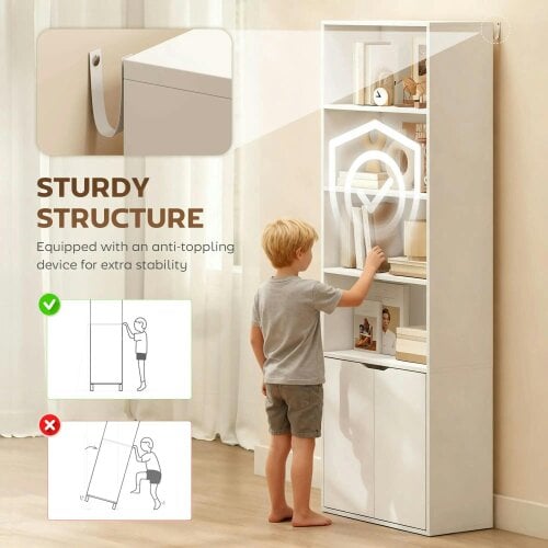 Bobobiy 6-Tier Tall Bookcase, Bookshelf with 4 Open Shelves and Double Door Storage Cabinet, Freestanding Display Rack, 59 x 29 x 180cm, White