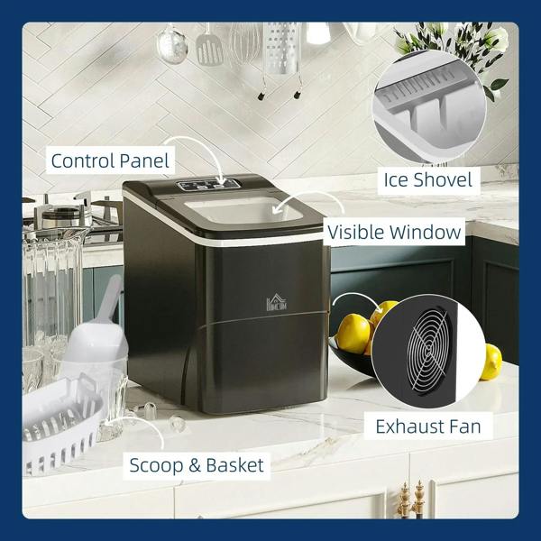 Black countertop ice cube machine showing scoop, visible ice window, and lid interior
