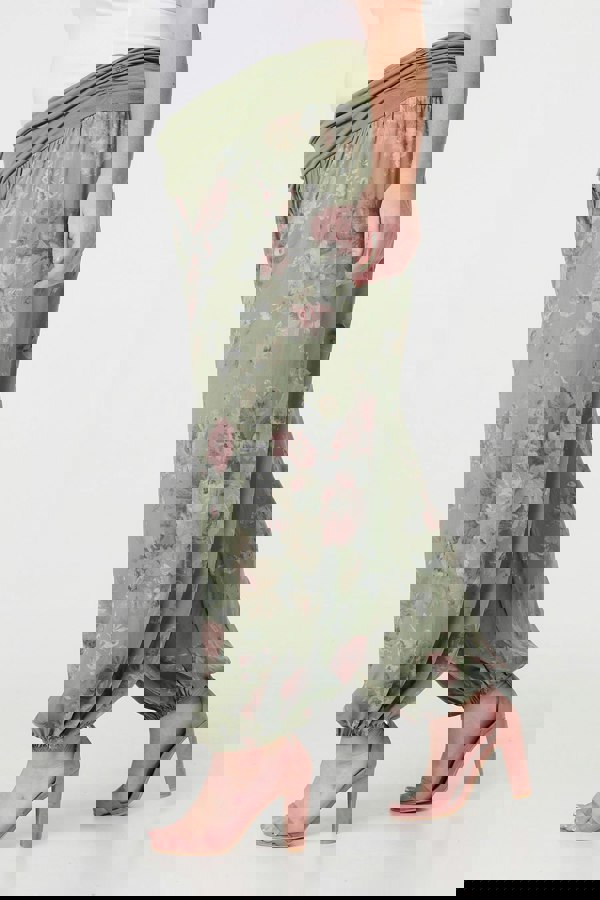 Khaki| Floral Ruched Waist Harem Trousers