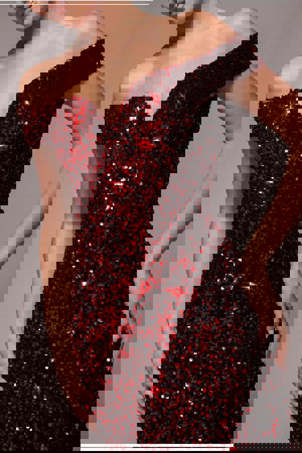 Sequin Velvet Bardot Evening Maxi Dress - Red DR4525