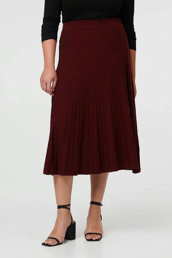 Red | Curve High Waist Pleated Knit Midi Skirt