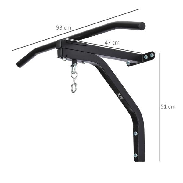 Black wall-mount punching bag hanger bracket with dimensions and chain hook