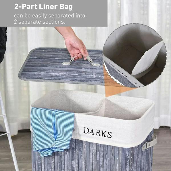 Grey fabric laundry hamper with removable liner bag, open top with lid