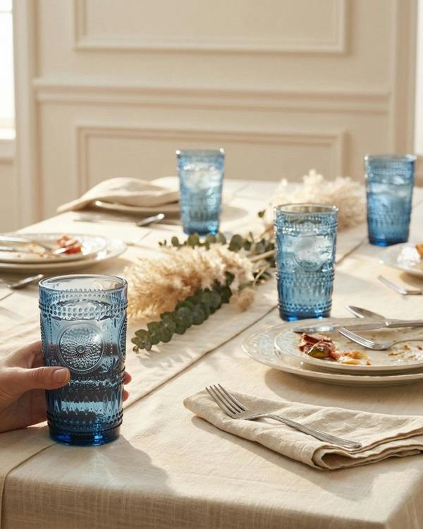 Two blue textured glass tumblers on a light surface with a white background