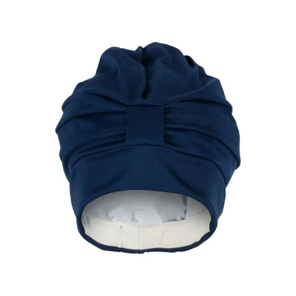 Navy blue draped fabric swim cap with satin bonnet, white lining, bow