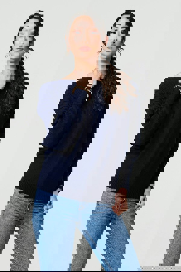 Navy | Stripe Texture Boat Neck Boxy Fit Jumper
