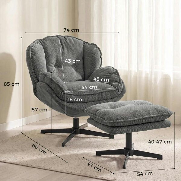 Armchair with Adjustable Footstool, 360-Degree Swivel Chenille Cloud Accent Chair with Thick Cushion, Steel Base, Grey