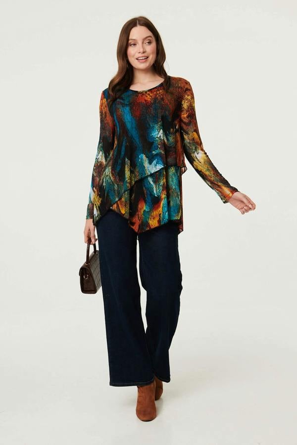 Red | Abstract Asymmetric Long Sleeve Blouse