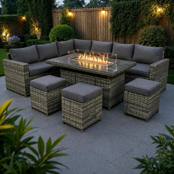 The Tarporley Grey 9 Seat Corner Firepit Rattan Dining Set - Madefor.Living