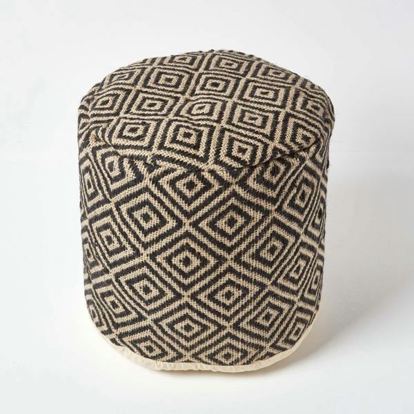 HOMESCAPES Black & Cream Aztec Style Jute Pouffe