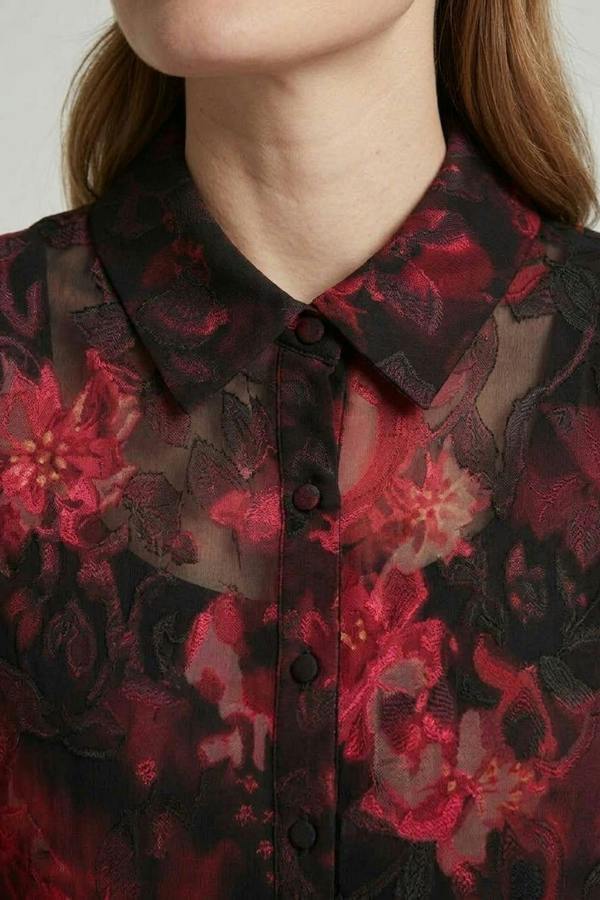 Red | Floral Long Sleeve Curve Hem Shirt