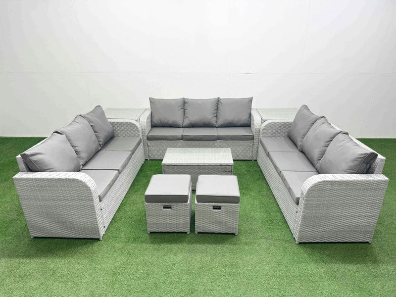 Fimous PE Rattan Lounge Sofa Set 11 Seater Outdoor Garden Furniture Set with Rectangular Coffee Table 3 Seater Sofa 2 Stools 2 Side Table Light Grey
