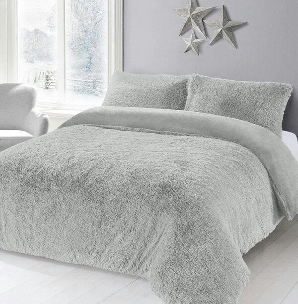Night Zone Alaska Cuddles Long Fur Teddy Fleece Duvet Cover Set – Warm Bedding with Pillowcases - Silver