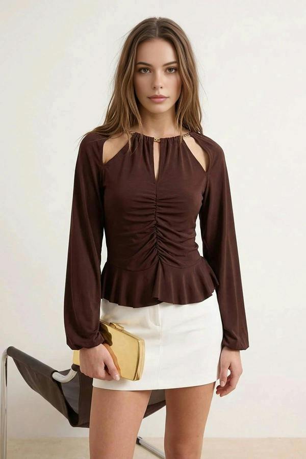 WOVCOR Cut Out Detail Knitted Blouse with Accessories