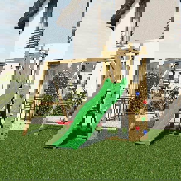 Climbing frame Rumble Ridge Rock Wall with double swing, slide and wall - Best Shed