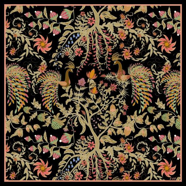 Phoenix Garden Wool Silk Scarf – Black Floral Wrap, Hand-Rolled Hem, Winter Gift